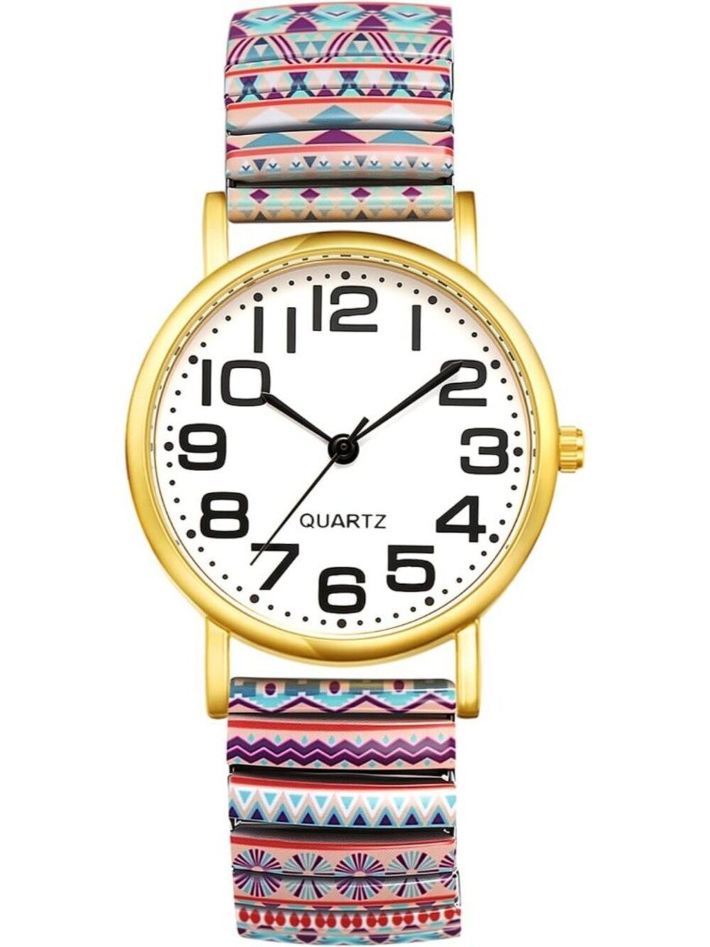 Women’s Pink Bohemian Easy Reader Quartz Watch Large Arabic Number Stretch Watch